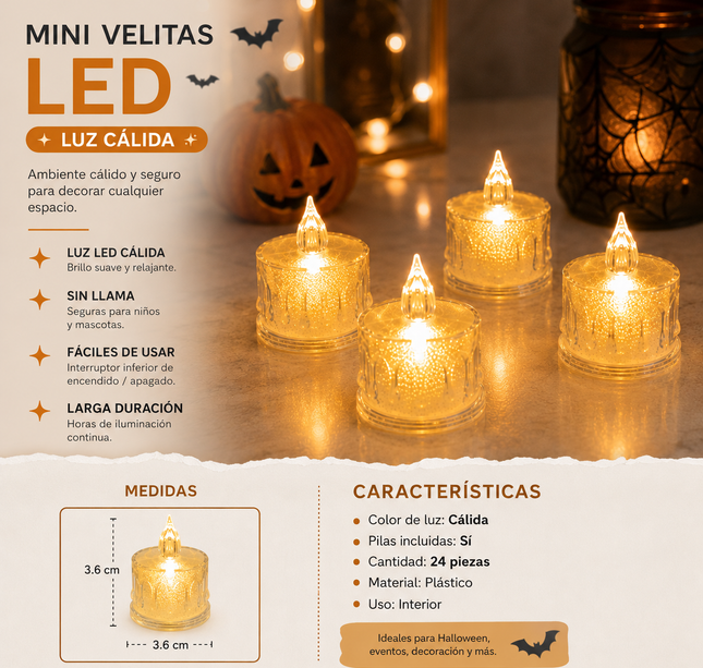 24 Velas Led Halloween Diamantadas Chicas $5.5 c/u