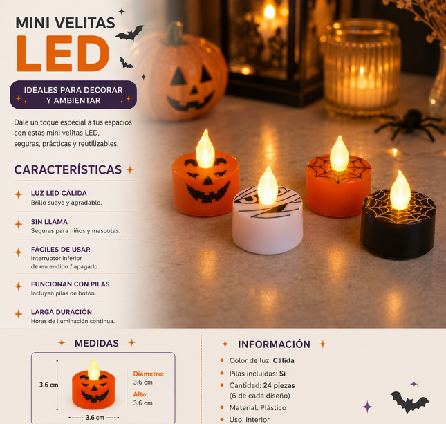 24 Velas Led Halloween Decoradas $5.5 c/u