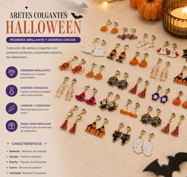 36 Aretes Halloween y Pedrería "Zirconia"  $7 c/u