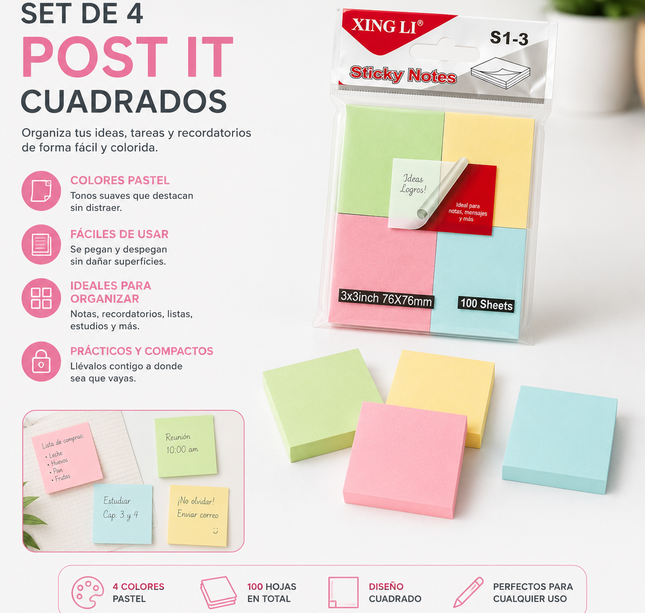 Exclusivo Tienda en linea 💥💎12 Sets de 4 Pos Its Cuadrados de Colores $9.5 c/u