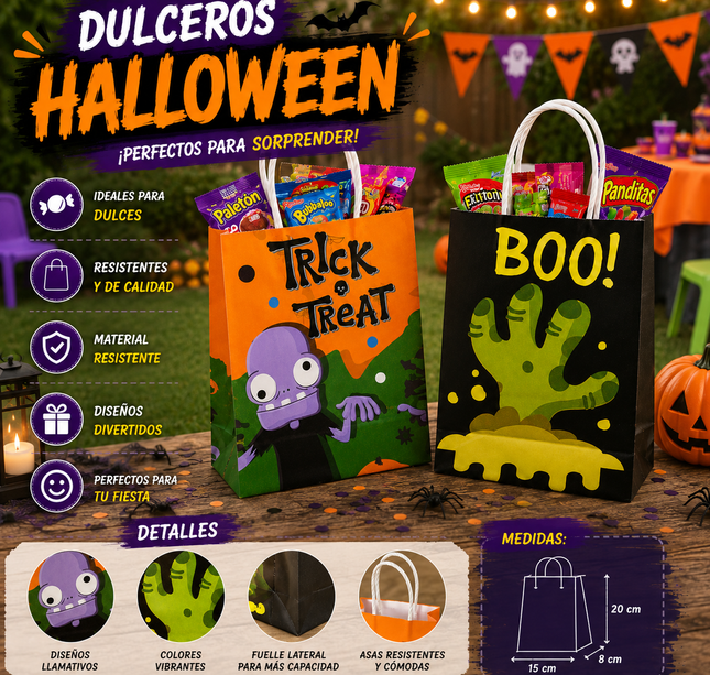 12 Dulceros de Papel Halloween Decoradas $5.3 c/u