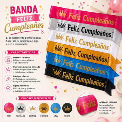 12 Bandas "Feliz Cumpleaños" en Diferentes Colores $11.9 c/u