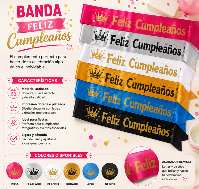 12 Bandas "Feliz Cumpleaños" en Diferentes Colores $11.9 c/u