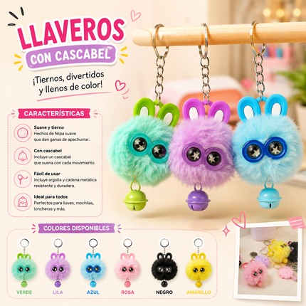 12 Llaveros PomPom Ojitos con Cascabel $7.5 c/u