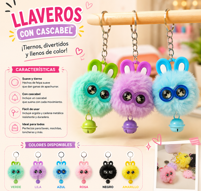 12 Llaveros PomPom Ojitos con Cascabel $7.5 c/u