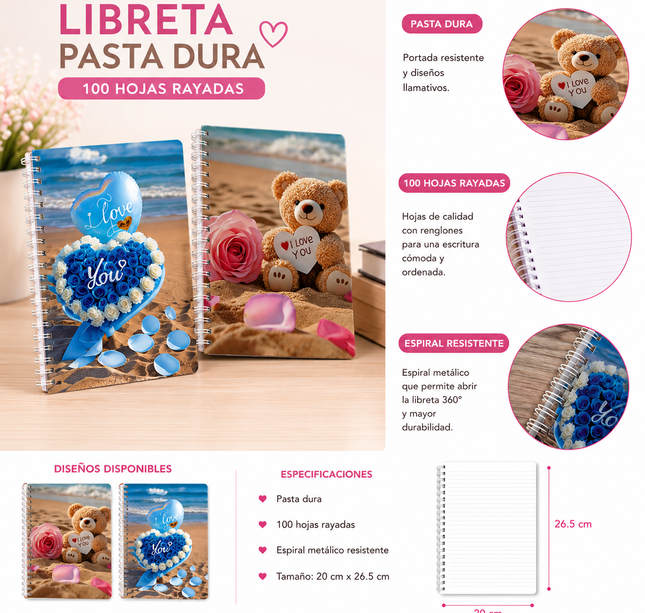 Exclusivo Tienda en linea 💥💎Libreta Profesional Pasta Dura Ositos con Doble Espiral 100 hojas