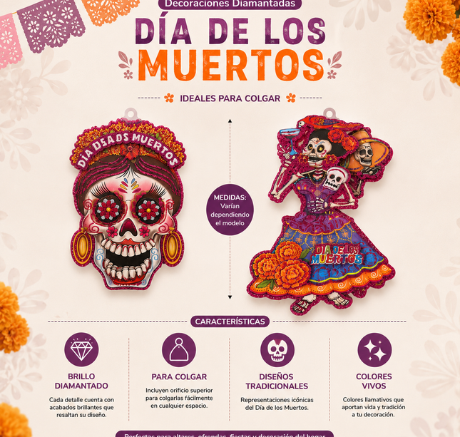 10 Figuras Día de Muertos Catrinas Diamantadas 3D $7.2 c/u