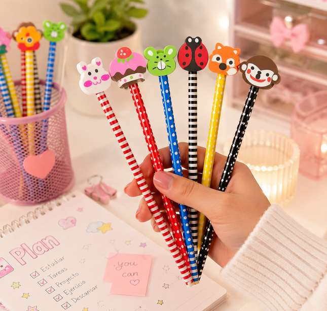 12 Lapices Rayas con Gomas Animalitos Hermosos  $4.5 c/u