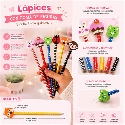 12 Lapices Rayas con Gomas Animalitos Hermosos  $4.5 c/u