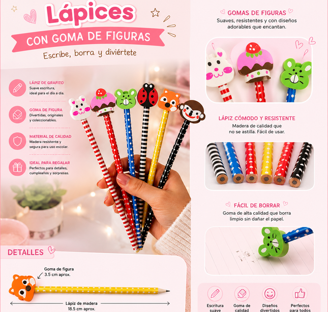 12 Lapices Rayas con Gomas Animalitos Hermosos  $4.5 c/u