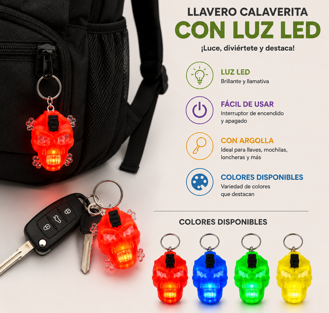 48 Llaveros Calaveritas con Luz, colores Brillantes  $2.9 c/u