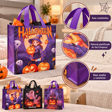 12 Bolsas Reutilizables Halloween Medianas $6.5 c/u
