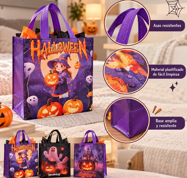 12 Bolsas Reutilizables Halloween Medianas $6.5 c/u