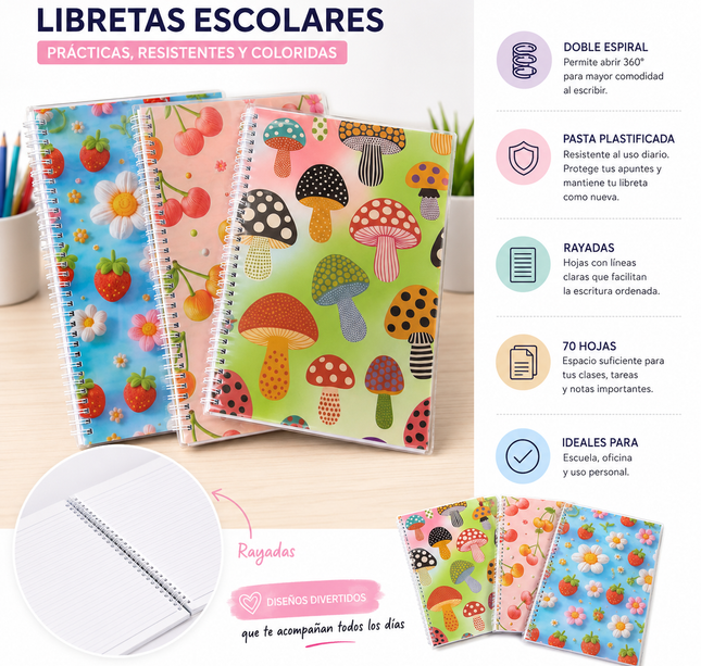 Exclusivo Tienda en linea 💥💎Libreta Escolar con Doble Espiral y tapa de Plastico