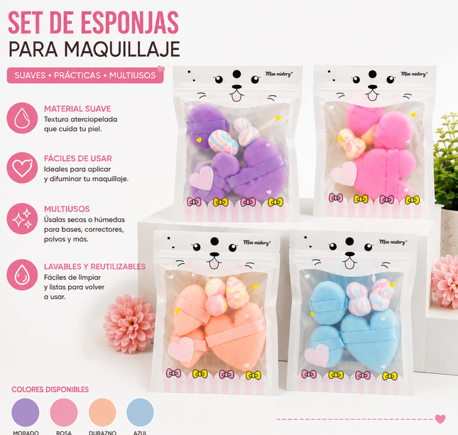 12 Sets Gatitos con Esponjas para Maquillaje $10 c/u