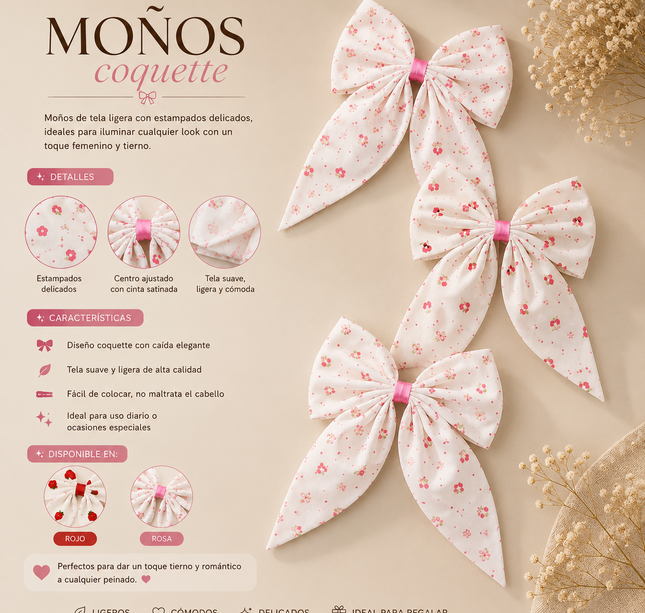 12 Moños Coquette Cereza Rosa/Rosa $9.5 c/u