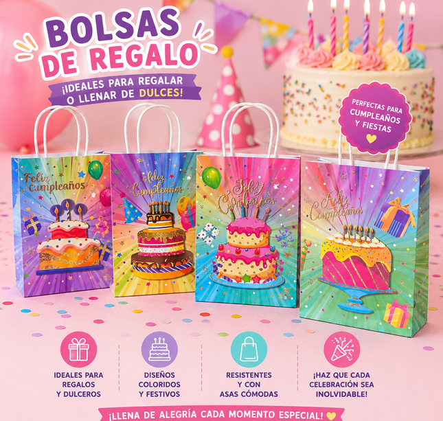 12 Bolsas /Dulcero Decorado "Feliz Cumpleaños" $4.8 c/u