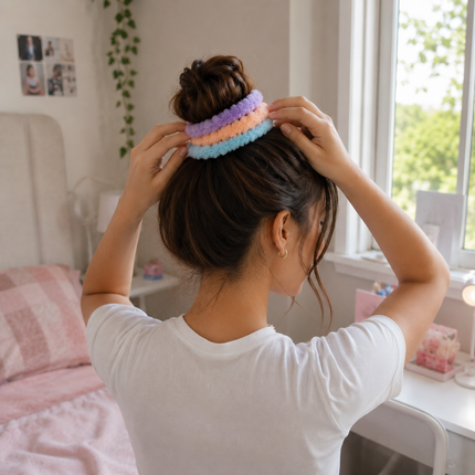 12 Sets de 3 Scrunchies Peluche para Cabello de Colores $4.75 c/u