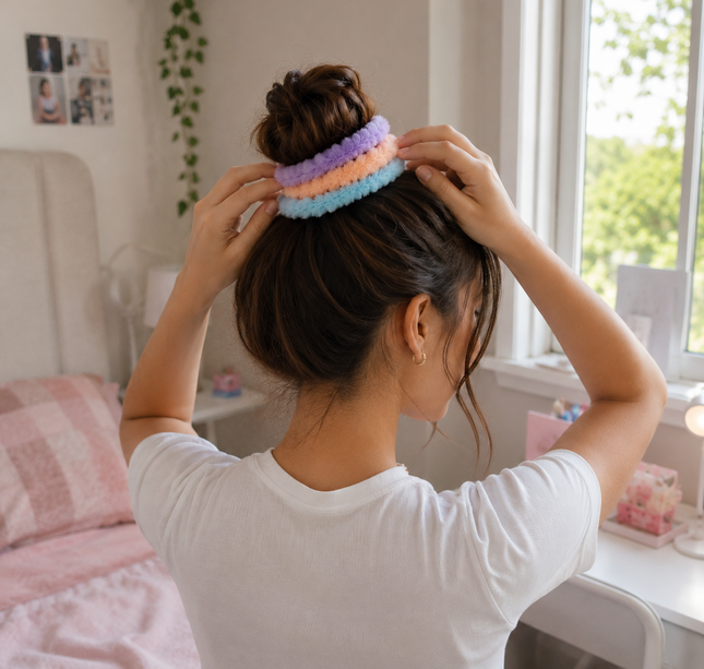 12 Sets de 3 Scrunchies Peluche para Cabello de Colores $4.75 c/u