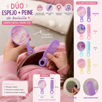 12 Sets Espejo y Peine de Bolsillo Unicornio 3D $6.9 c/u
