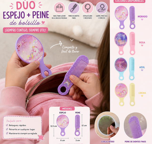 12 Sets Espejo y Peine de Bolsillo Unicornio 3D $6.9 c/u