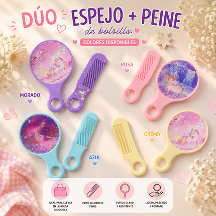 12 Sets Espejo y Peine de Bolsillo Unicornio 3D $6.9 c/u
