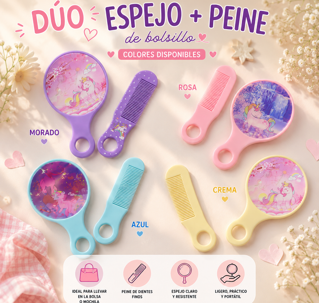 12 Sets Espejo y Peine de Bolsillo Unicornio 3D $6.9 c/u