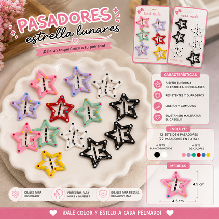 12 Sets Pasadores/Cuquitas Estrellas Lunares $9 c/u