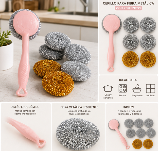Exclusivo Tienda en linea 💥💎3 Sets de Mango con Esponja Metalica con repuestos $30 c/u