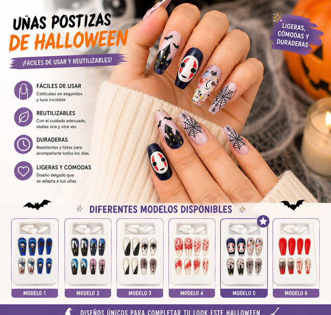 12 Sets de Uñas Postizas Halloween $10.5 c/u