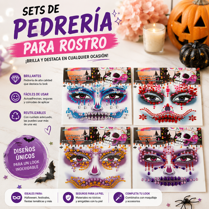 12 Sticker de Pedreria Halloween para Rostro Colores $10.9 c/u