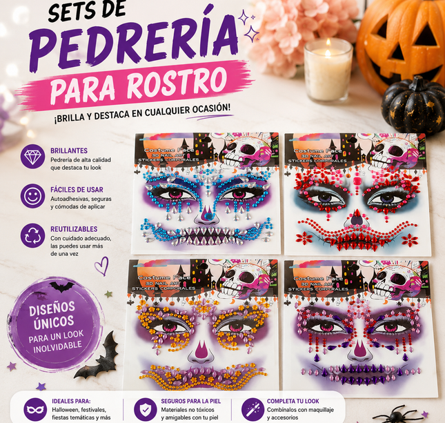 12 Sticker de Pedreria Halloween para Rostro Colores $10.9 c/u