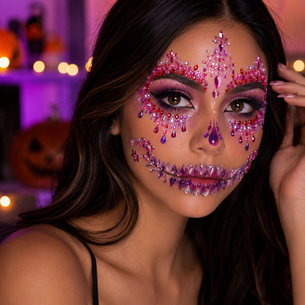 12 Sticker de Pedreria Halloween para Rostro Colores $10.9 c/u