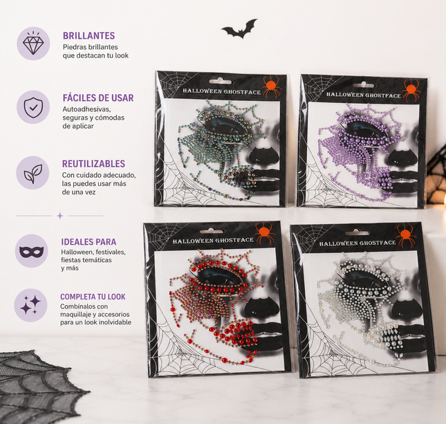 12 Sticker de Pedreria Halloween para Rostro $9.9 c/u