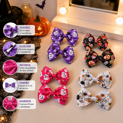 12 Dúos de Moños Halloween  con Estampados $6.5 c/u