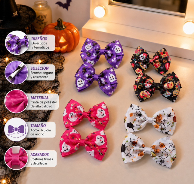 12 Dúos de Moños Halloween  con Estampados $6.5 c/u