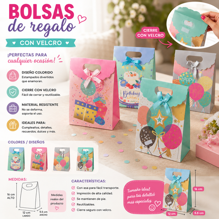 12 Bolsas para Regalo con Velcro y Moño $4.5 c/u