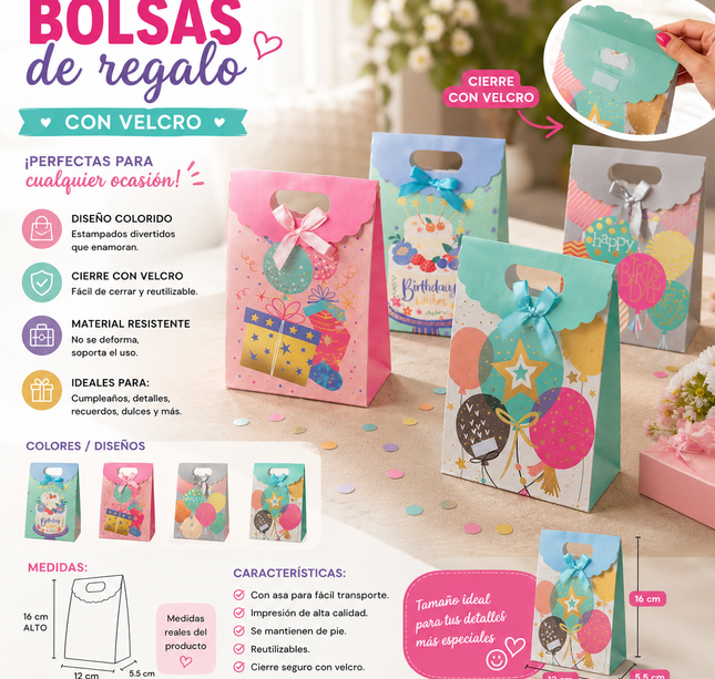 12 Bolsas para Regalo con Velcro y Moño $4.5 c/u