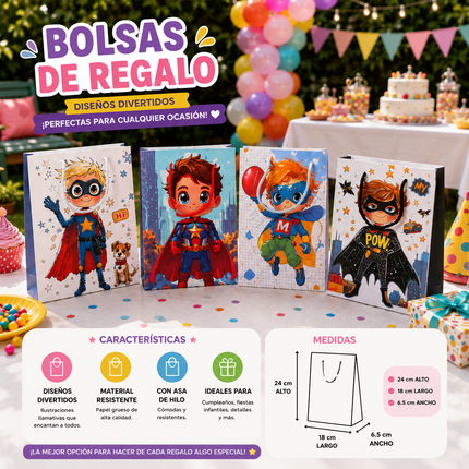 12 Bolsas para Regalo Super Heroé $6.5 c/u