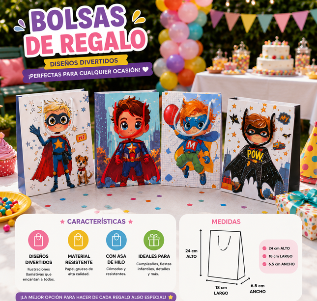 12 Bolsas para Regalo Super Heroé $6.5 c/u