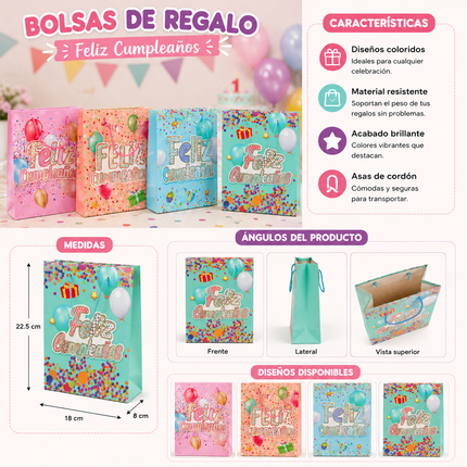 12 Bolsas de Regalo "Feliz Cumpleaños" $6.5 c/u