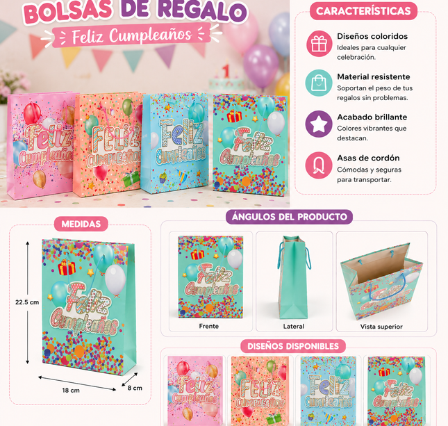 12 Bolsas de Regalo "Feliz Cumpleaños" $6.5 c/u