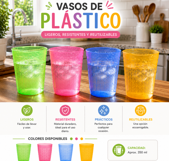 Exclusivo Tienda en linea 💥💎4 Vasos Plastico de Colores $7 c/u
