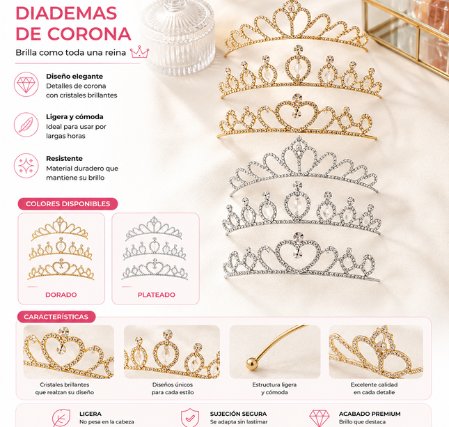 12 Diademas de Tiara Doradas/Plateadas $23 c/u