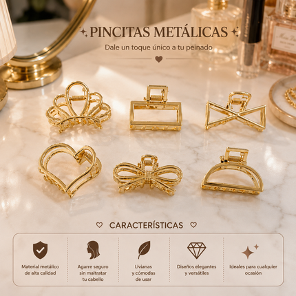12 Pinzas Metalicas Doradas Figuras Moda $6.5 c/u