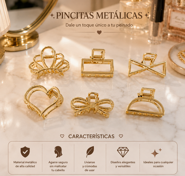 12 Pinzas Metalicas Doradas Figuras Moda $6.5 c/u