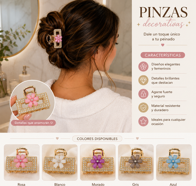12 Pinzas Pedreria con Flor, Doradas $13.5 c/u