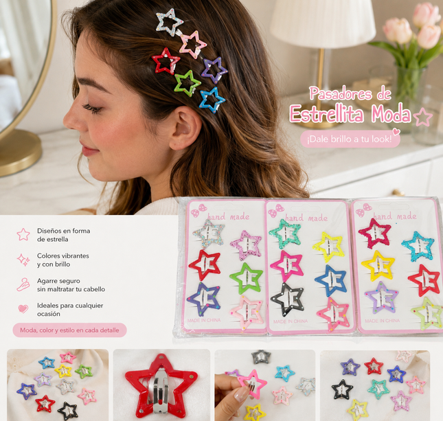 12 Sets de 6 Estrellitas Cuquitas/Pasadores Decorados $9.5 c/u