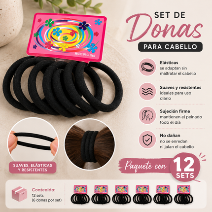 12 Sets de Donas Negras Clasicas para Cabello $3.5 c/u