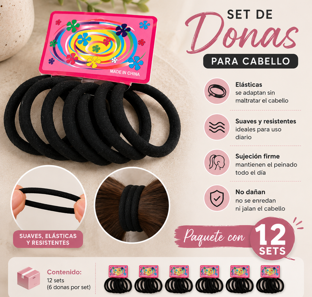 12 Sets de Donas Negras Clasicas para Cabello $3.5 c/u